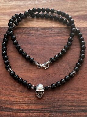 Sterling Silver & Black Onyx Beaded Skull Pendant Necklace 21”
